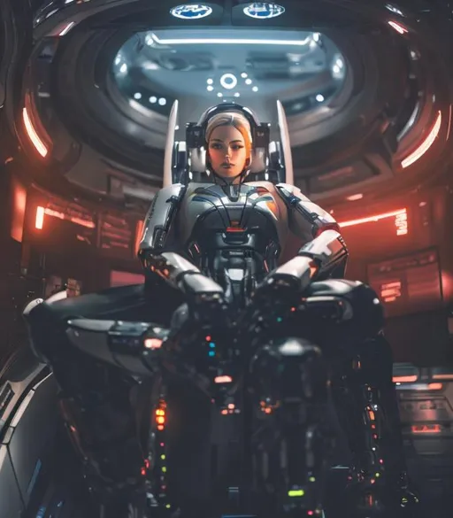 Prompt: a spaceship pilot in a latex suit with robotic limbs, laying down in a pod, in a cyberpunk setting, cyborg, implants, high details, realistic, photorealism, 8k