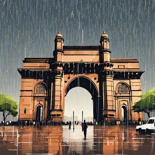 Prompt: large sky with gateway of india mumbai in rain illustration