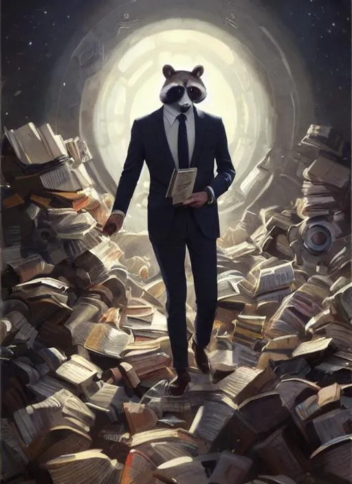 Prompt: Portrait of racoon with students suits and with cute face,walking in the galaxy and reading a book, perfect composition, hyperrealistic, super detailed, 8k, high quality, trending art, trending on artstation, sharp focus, studio photo, intricate details, highly detailed, by greg rutkowski