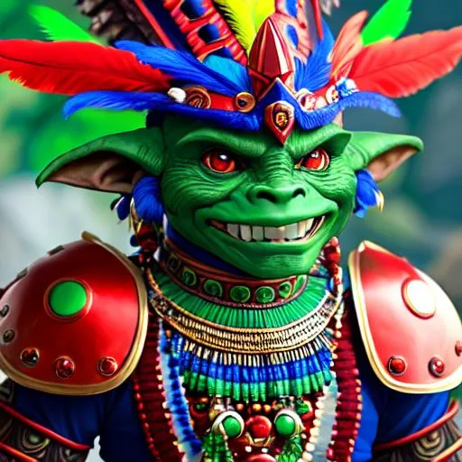 Prompt: A humanoid Goblin wearing ancient blue and green and red Aztec/Mayan armor with many colorful feathers.