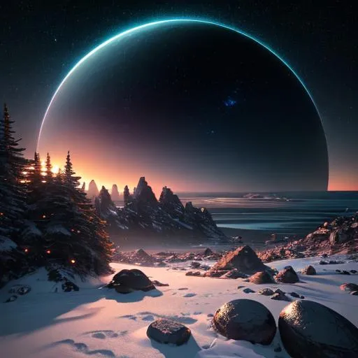 Prompt: space scene, alien landscape,sunset with two sunsin sky,beach with rocks and snowy coniferous forest,rocky planet in the sky, perfect sphere planet,Concept art, Greg Rutkowski, Andreas Rocha, Ultra photoreal, Ultra detailed, Intricate details, Hyperrealistic, Unreal engine, Octane render, Ray tracing, Cinematic, Fantastic backlight, Golden ratio, 8k --q 2 