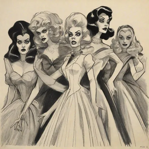 Prompt: a close up of a drawing of a group of women in costumes, godesses, wicked, vintage horror art, the council of spooky female monsters, elegant horror artwork, vintage horror, disney art, by Richard Mortensen, film art of character design, art in the style of disney, 1 9 5 0 s concept art ) ) ), tim burton comic book art