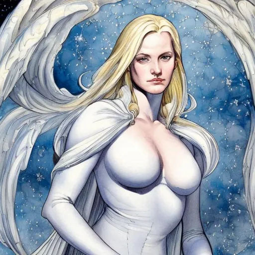 Prompt: Emma Frost painted in the style of William Blake's Watercolor paintings