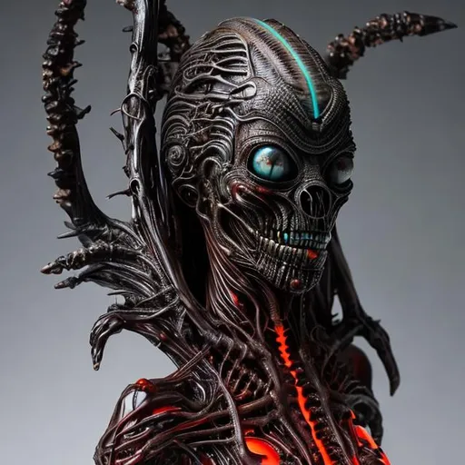 Prompt: Woman alien giger made of red glowing obsidian turquoise shell bone coral jet ultra detailed realistic 
