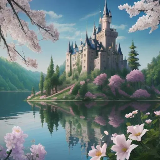 Prompt: dream castle, beautiful trees and flowers , lake, angel