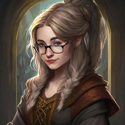 Prompt: Portrait of young librarian wizard female. Fantasy