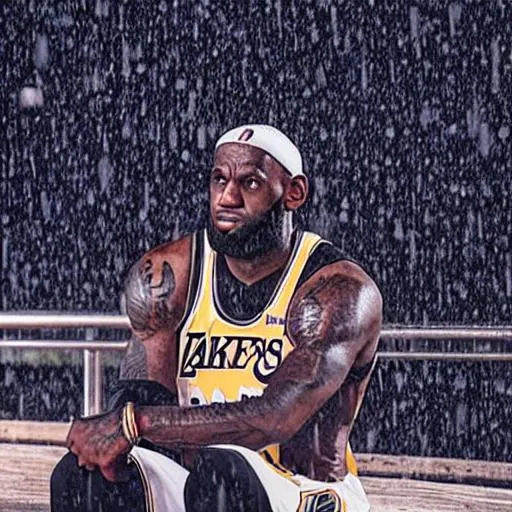 Prompt: lebron james sitting on a rooftop at night thinking to himself in the rain