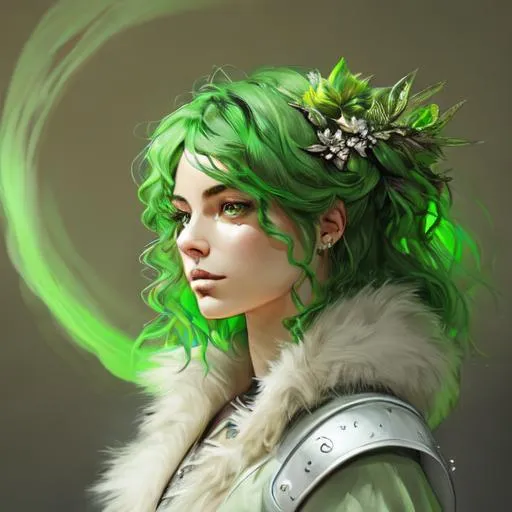 Prompt: Ephemeral, Portrait of {Female Nature Elemental with strong jawline and Furred Armour} with {Green} hair, {Shrubbery background}, Dryad, Camera Facing, Runic Armour, perfect composition, hyperrealistic, super detailed, 8k, high quality, trending art, trending on artstation, sharp focus, studio photo, intricate details, highly detailed, by greg rutkowski