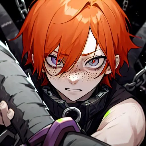 Prompt: Erikku male adult (short ginger hair, freckles, right eye blue left eye purple) UHD, 8K, Highly detailed, insane detail, best quality, high quality, holding a chain saw