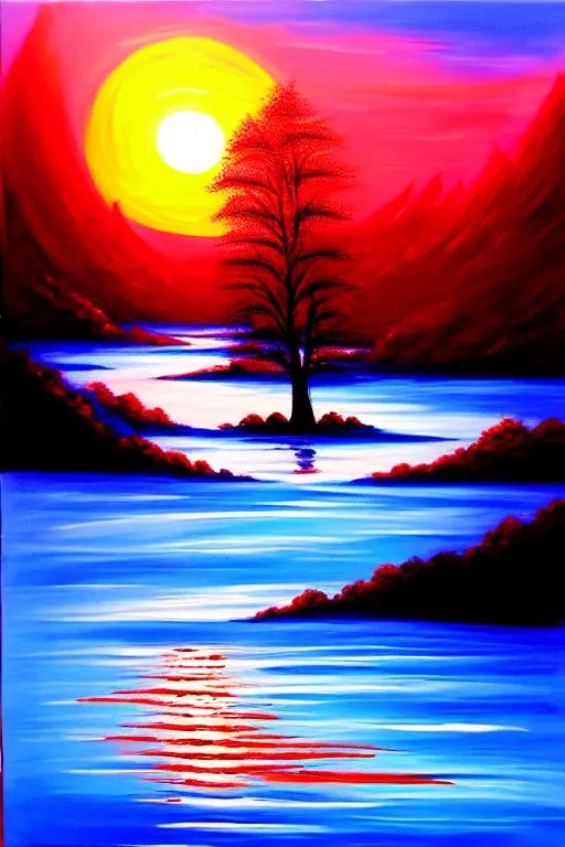 Prompt: morning time, blue river, oil painting, blue sky, red sun, tree, 
Elvis Presley,