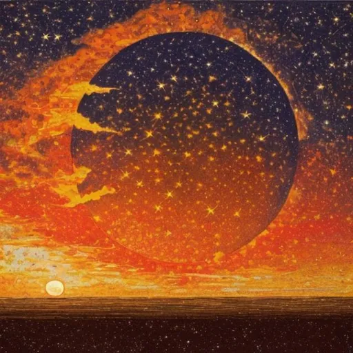 Prompt: Paint a gigantic sun slowly setting down on the horizon the sun is of warm ripe orange colour. All of the stars and galaxies are still visible on the sky add moon cresent in the middle