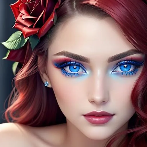 Prompt: Beauty, Beautiful and Gorgeous red roses in hair,  icy blue eyes,pretty makeup, facial closeup