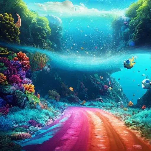 Prompt: imaginary wild road under sea