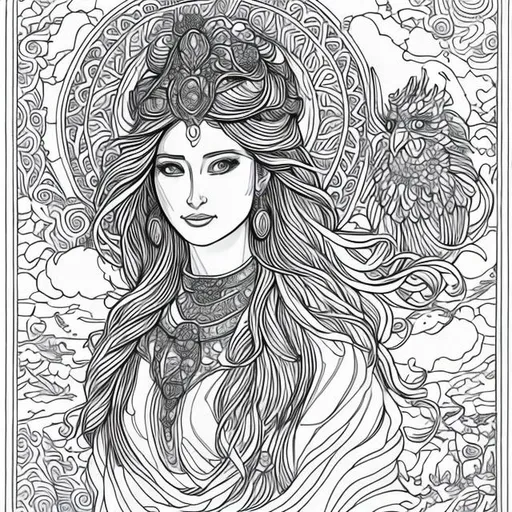 Prompt: coloring book page proud goddess portrait with flowing long hair birds and swirling clouds in the background