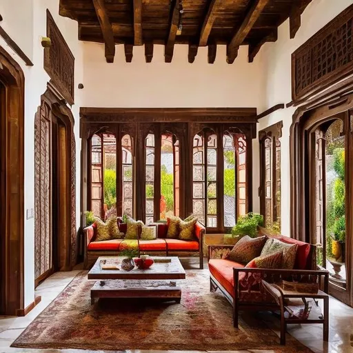 Prompt: kashmiri architectural mixed with spanish inspired interiors features with modern feel and with cottage core vibe living room