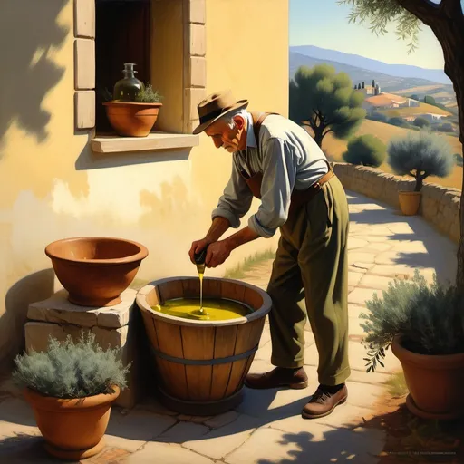 Prompt: (Edward Hopper style), an old Italian man hand grinding olive oil, ancient olive oil making techniques, charming Italian countryside scenery, lush rolling hills, rustic olive trees, warm golden sunlight, soft shadows, vibrant colors, nostalgic atmosphere, peaceful ambiance, artisanal craftsmanship, ultra-detailed, picturesque background, high quality , romantic and serene mood.