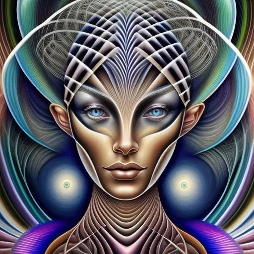 Prompt:  Geometric background backlit in the style of Alex Grey, In the foreground is a beautiful woman, in the style of Botticelli, Gray hair, four Gray-colored eyes, one set of eyes over the top of the other set of eyes