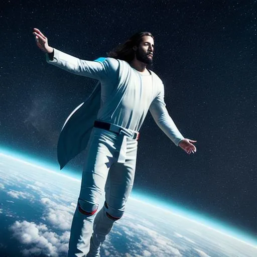 Prompt: Ultrarealistic 8k Portrait of futuristic Jesus flying through space 
Unreal Engine