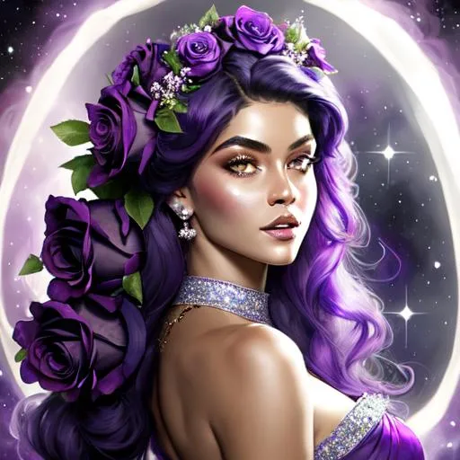 Prompt: Cosmic Epic Beauty, Beautiful and Gorgeous, purple roses in hair