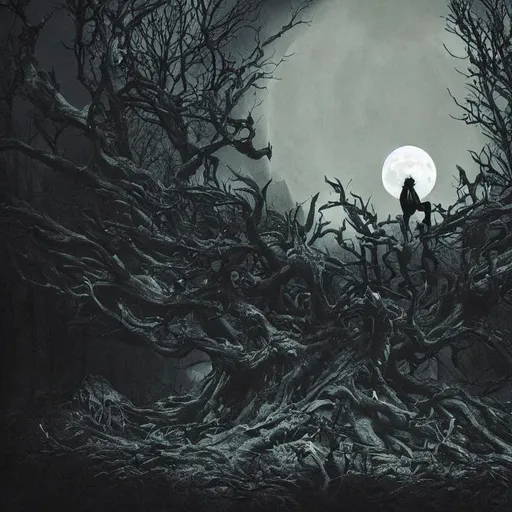 Prompt: goth,deep,dark,creature,lurking,lost soul,elden ring,landscape,moon,lost forest,mountain