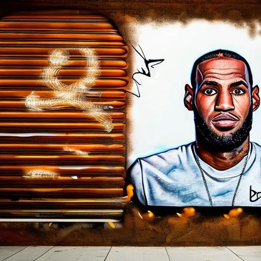 Prompt: wall graffiti art of lebron james leaning on a mercedes benz eqs suv, 