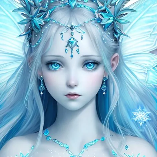 Prompt: fairy goddess .beautiful , pale skin icy blue background, realistic, closeup