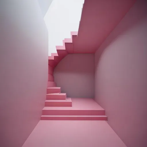 Prompt: minimal  pink room with stairs to the cloudy sky