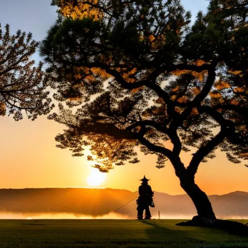 Prompt: A samurai standing under a tree in front of a sunset behind mountains 