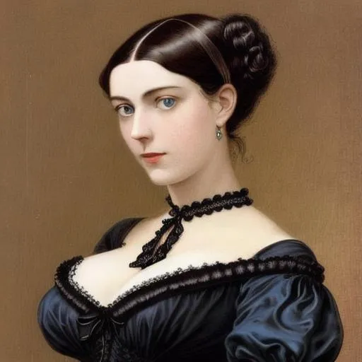 Prompt: A sensual Victorian woman with dark hair and blue eyes, wearing a black bodice and a garnet choker