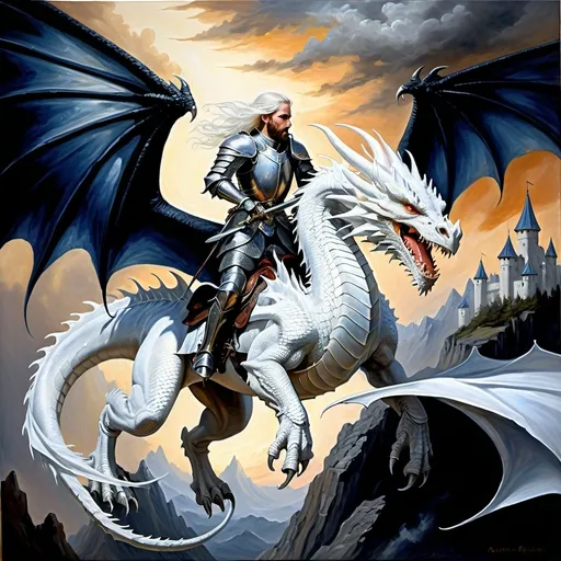 Prompt: Dragon riders Chivalric Knights in realistic oil painting, flying through the sky in combat, majestic white dragons with vibrant white scales and fur, white ethereal wings, flowing white hair, fierce expression, mythical landscapes, high fantasy, Dragon riders Chivalric Knights in realistic oil painting, flying through the sky in combat, majestic Black dragons with vibrant  dark blue metallic scales, dark ethereal wings, flowing, fierce expression, mythical landscapes, high fantasy,oil painting, vibrant colors, epic scale, detailed armor, stunning face, atmospheric lighting, professional, highres, fantasy, oil painting, dragon rider's Knights, flying, majestic, Dragon's face is bearded, ethereal, fierce expression, pale colors, high fantasy