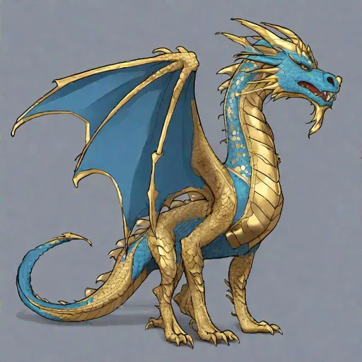 Prompt: Concept designs of a dragon. Full dragon body. Dragon has four legs and a set of wings.  Side view. Coloring in the dragon is darkish-sky blue with golden streaks or details present.