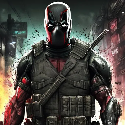 Prompt: Redesigned Gritty black and dark green futuristic military commando-trained villain deadpool Bloody. Hurt. Damaged mask. Accurate. realistic. evil eyes. Slow exposure. Detailed. Dirty. Dark and gritty. Post-apocalyptic Neo Tokyo with fire and smoke .Futuristic. Shadows. Sinister. Armed. Fanatic. Intense. 