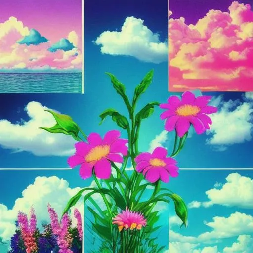 Prompt: Vaporwave, aesthetic, flowers, collage, psychodelic art, 80's colors, clouds, nature, peace, chill, fancy