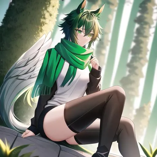 Prompt: Male. masculine build. human animatronic hybrid, with focused emerald eyes. Emerald colored feathery PEGASUS tail. Short dark Green ombre hair. horse ears. adult He wears grey comfy leggings, a white oversized sweater, brown boots. And a green scarf. Anime style. UHD, HD, 4K. In the forest.