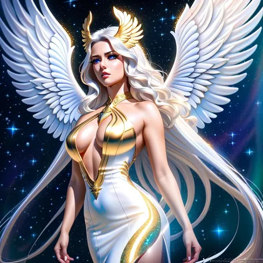 Prompt: A hyper realistic detailed full body image of a flying feminine ((sexy woman)) who has ((sparkling white in eyes)), ((magic angel white in hair)) with ((sexy outfit)) with a plunging neckline, angel wings, golden halo, balayage wild hair, angry upset face expression, highly detailed, digital painting, Trending on artstation, HD quality, ((Yennefer)), ((by Prywinko)), ((huge breast)), ((sexy)),