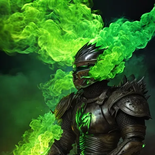 Prompt: Knight surrounded by Green flames and black smoke