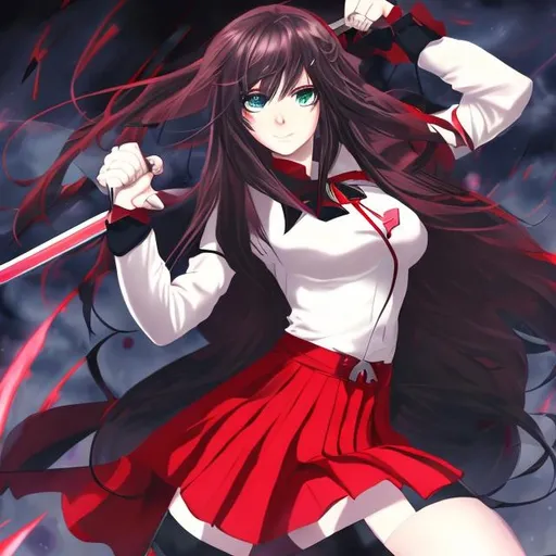 Prompt: 
Pictures of anime girls in red uniforms, the background of the picture is black, in her twenties, and a fighter with a sword in her hand
