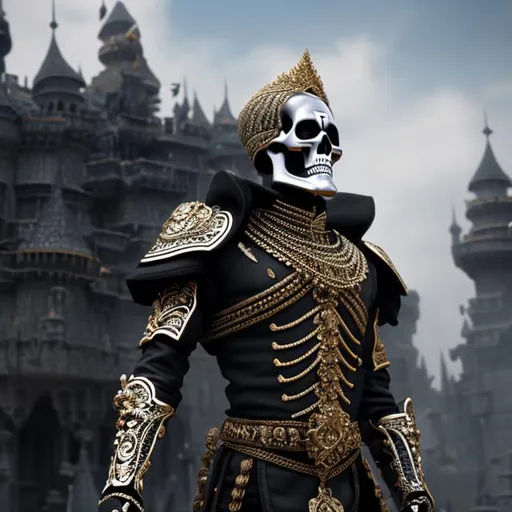 Prompt: Skeleton prinnce black hair  dead flowers kind tall handsome muscular 8k realistic, detailed suit standing up castle background 