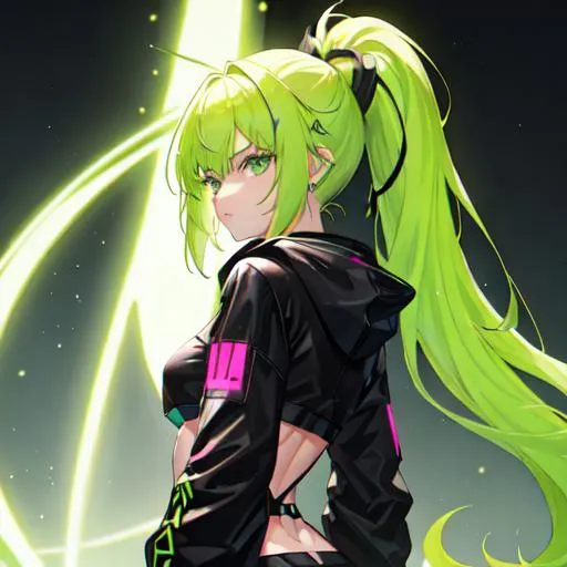 Prompt: She has a long, distinctive neon-green ponytail that comes out from behind her hood, and her bangs are dyed pink