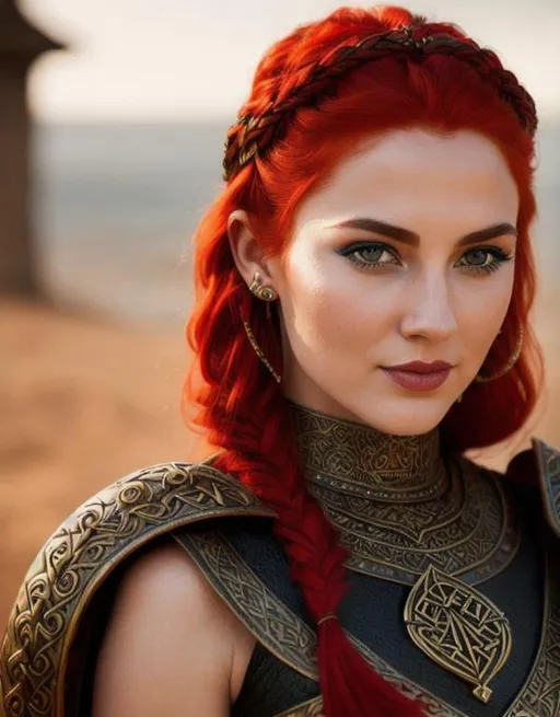 Prompt: highest quality stylized viking woman masterpiece, red hair, award-winning 3d oil painting art, perfect anatomy in perfect composition, long shot, hyper-realistic photography, intricate, 64k, UHD, HDR, (intricate eyes), extraordinary lips, subtle smile, gorgeous eyelashes, highly detailed face, hyper-realistic facial features, cinematic 3d volumetric, dramatic lighting with backlit backlight, by Julia Razumova