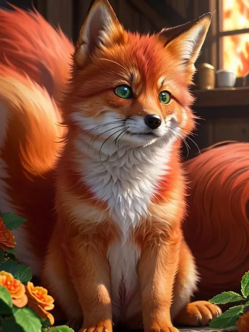 Prompt: masterpiece, professional oil painting, hyper real, photo realism, 64k, best quality, tiny scarlet ((fox kit)), (canine quadruped), fire elemental, silky golden-red fur, highly detailed fur, realistic, timid, ((insanely detailed alert emerald green eyes, sharp focus eyes)), sharp details, gorgeous 8k eyes, insanely beautiful, extremely beautiful, fluffy glistening gold neck ruff, energetic, two tails, (plump), fluffy chest, enchanted, magical, finely detailed fur, hyper detailed fur, (soft silky insanely detailed fur), presenting magical jewel, beaming sunlight, lying in flowery meadow, professional, symmetric, golden ratio, unreal engine, depth, volumetric lighting, rich oil medium, (brilliant dawn), full body focus, beautifully detailed background, cinematic, 64K, UHD, intricate detail, high quality, high detail, masterpiece, intricate facial detail, high quality, detailed face, intricate quality, intricate eye detail, highly detailed, high resolution scan, intricate detailed, highly detailed face, very detailed, high resolution