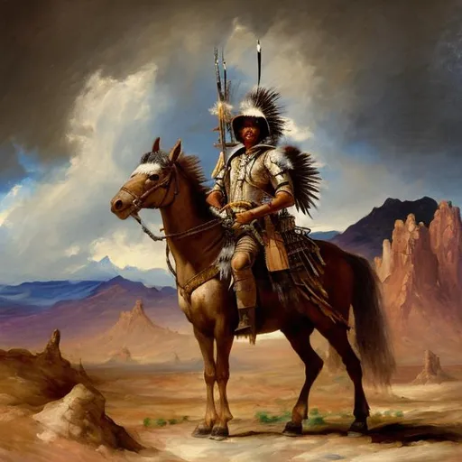 Prompt: Detailed and accurate oil painting in the style of Goya and the Taos Artist’s circle depicting a Navajo warrior in the New Mexican desert circa 1700