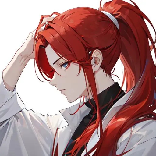 Prompt: Zerif 1male (Red side-swept hair covering his right eye) pulling his hair back into a ponytail, side profile, 8k, UHD, highly detailed, insane detail