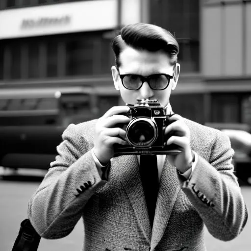 Prompt: Early 1940's man with camera, a 35mm Nikon, 50mm lens, New York City | Fashion photos | Busy hustle and bustle | realistic | hyperdetailed | 3D 8K resolution | photorealistic | Intricately Detailed | Sharp | Style of Bill Cunningham | Black & White
