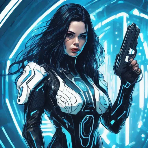 Prompt: a woman with long black hair in a futuristic tron suit holding a gun in her hand,looks like hayley atwell, cyberpunk art, neo-figurative, anime, blue and white tones