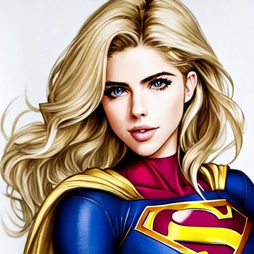 Prompt: cartoon drawing of emily bett rickards as supergirl