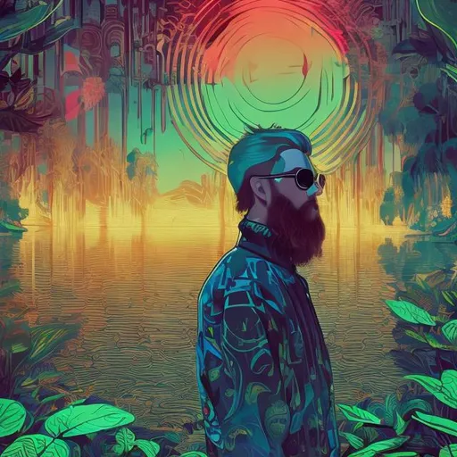 Prompt: Sven, DJ, Swedish, Blonde, Beard, house plants, sunglasses, pancho, turtleneck, anime, poster, psychedelic colors, Danish modern house, desktop background, gold chain, deep house music, trippy, baroque, Victorian, symmetrical, mirrors, reflections on water, the future, futuristic