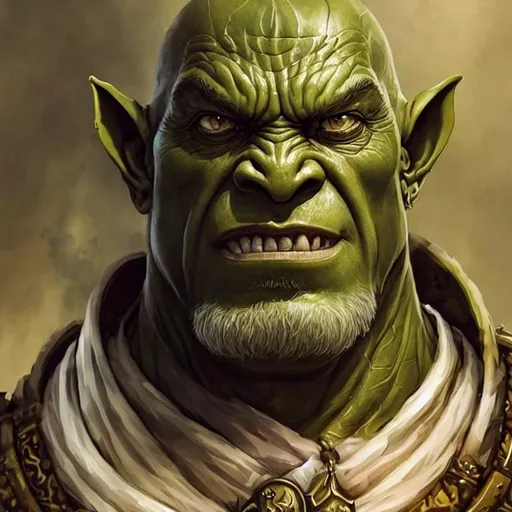 Prompt: "A highly realistic and extremely detailed face portrait of an Orc male character from Warcraft. Two fangs. The character should be modeled after an Medieval old king with beautiful long, curly, and wavy black hair, thin arched eyebrows, and striking yellow eyes. He should be wearing a brown clothes and with two big fangs showing. More wrinkles and scar on the face and more wrinkles and scar on the chin. The artwork should be created in either 4K or 16K resolution and should be of photo realistic quality."