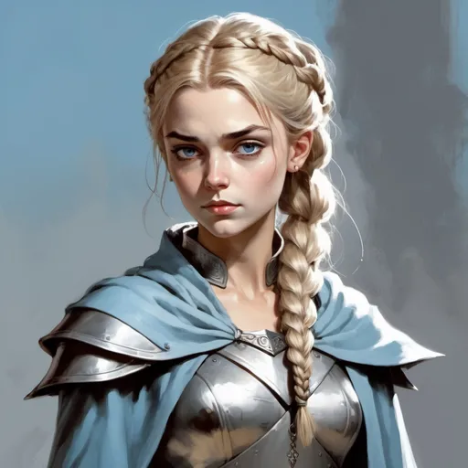 Prompt: Arya is a slender, diminutive, and shy cleric of Enchantment with blonde hair tied into a braid over her shoulder. She wears light blue robes and silver armor with a grey cloak draped around her. In the art style of Frank Frazetta.
