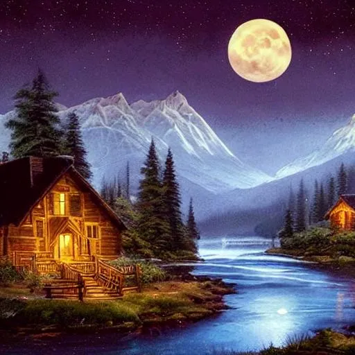 Prompt: a detailed matte painting of a beautiful creek by the moonlit night with a Cozy cabin as the centerpiece. The lustrous, glossy water reflects the radiant moon's light, while the shadowy Alps stand out in contrast. The scene is both familiar and nostalgic evoking a sense of magic and duality.
